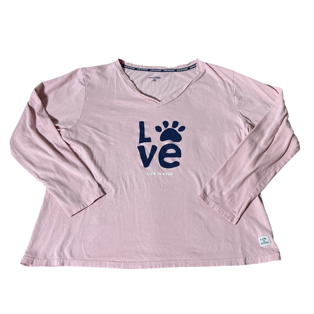 Life is Good Sleep Womens XXL Pink Love Paw Print Long Sleeve V-Neck Pajama Top